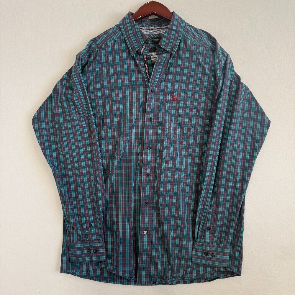 Ariat Pro Series Shirt Mens Sz LT Blue Teal Red Plaid Pen Pocket Vented Underarm